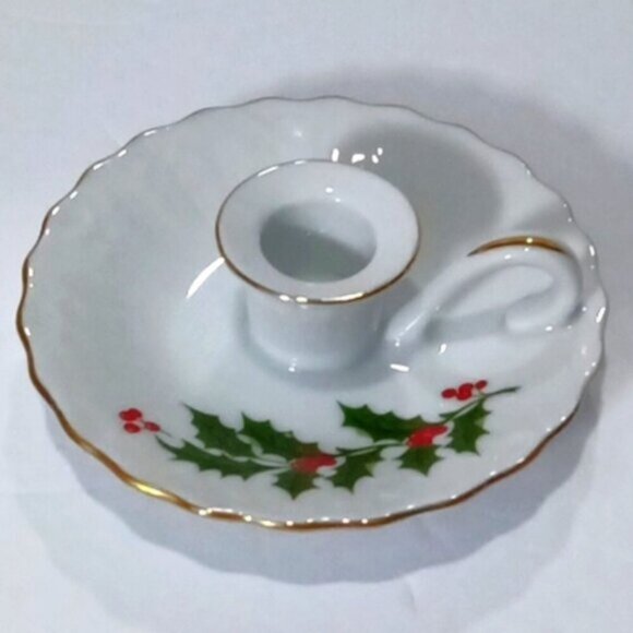Vintage Macys Christmas Holly Berry Candle Holders Made in Japan 1984 Gift Box - Picture 1 of 7